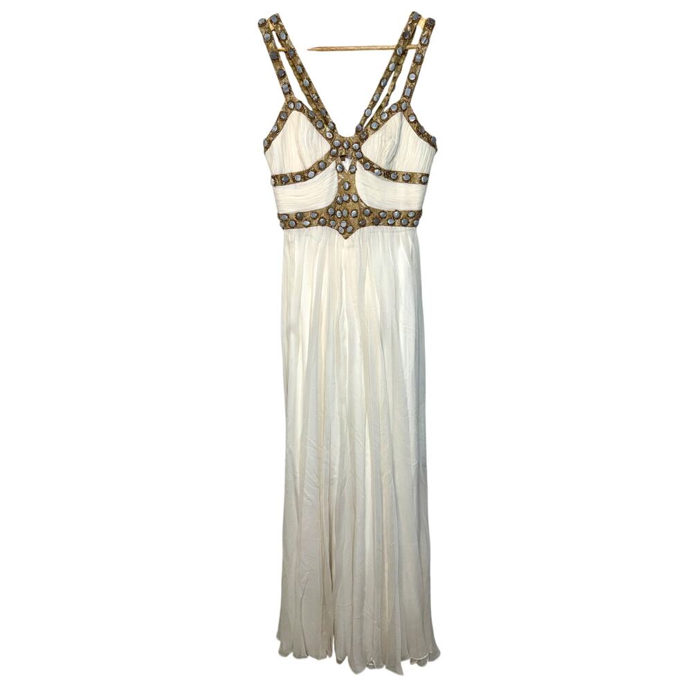 NWT Mandalay White Silk Gold Gray Beaded Cutout Maxi Evening Gown Dress Womens 2